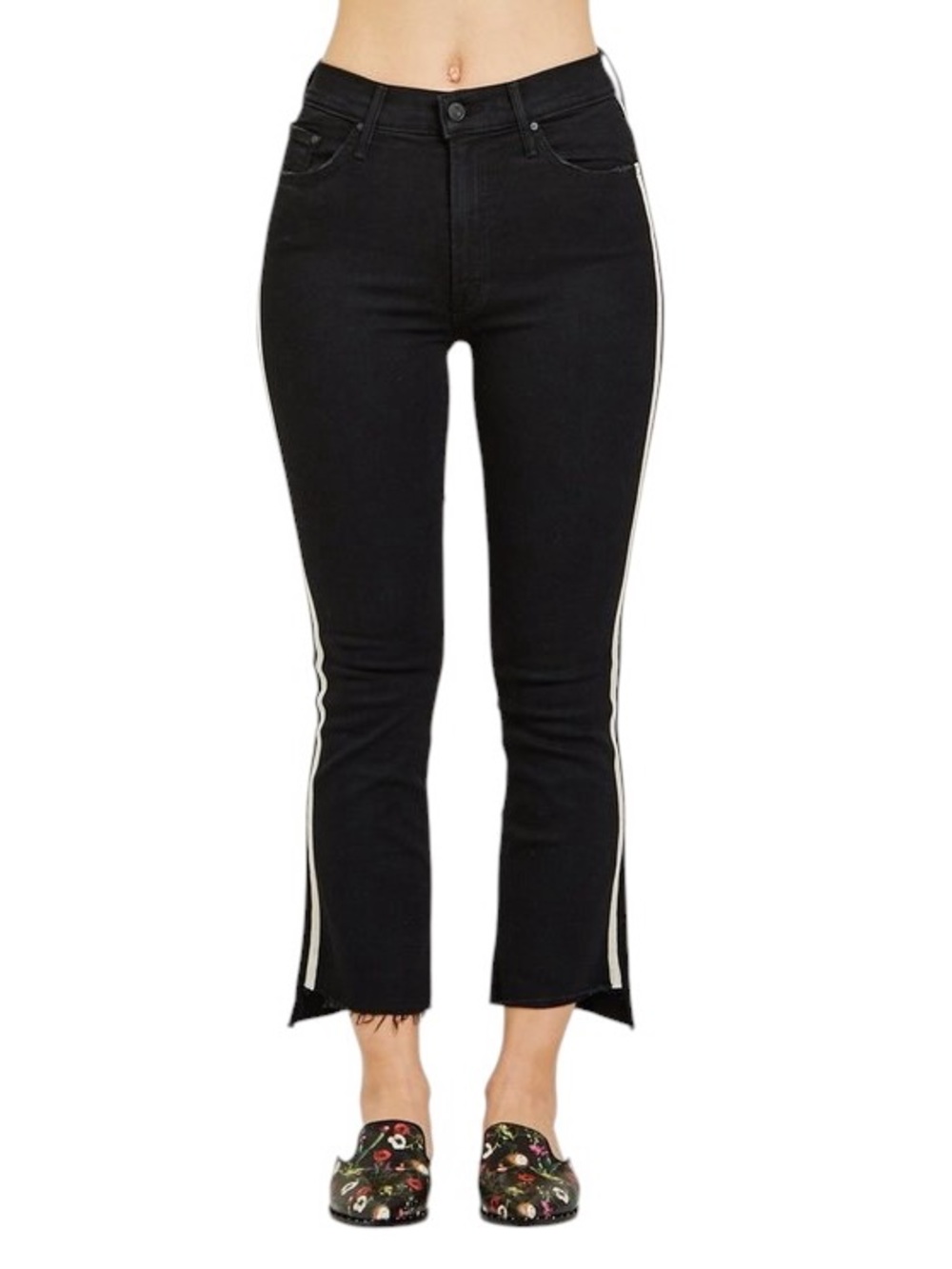 MOTHER The Insider Crop Step Fray Hem High-Rise Jeans Black w/Cream Stripe Sz 27